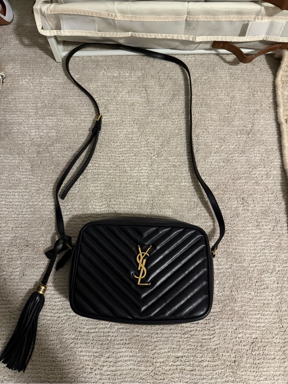 Saint Laurent Black Quilted Leather Crossbody Camera Bag with Gold YSL